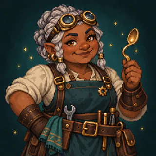 Neri Flint, a dwarf smith with silver braids, goggles and a well-used tool belt.