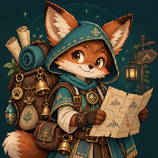 Pip Wayfarer, a small russet foxlike trader carrying maps and travelling treasures.