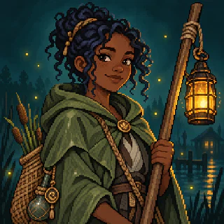 Senna Reedwake, the marsh ferrymaster holding a lantern for a night crossing.